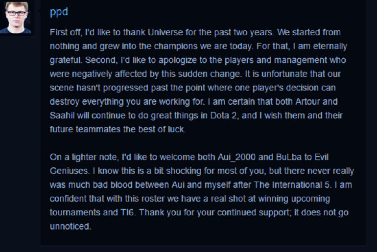 Dota 2 PPD statement for Evil Geniuses