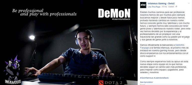 Dota 2 DeMoN joins Infamous Gaming